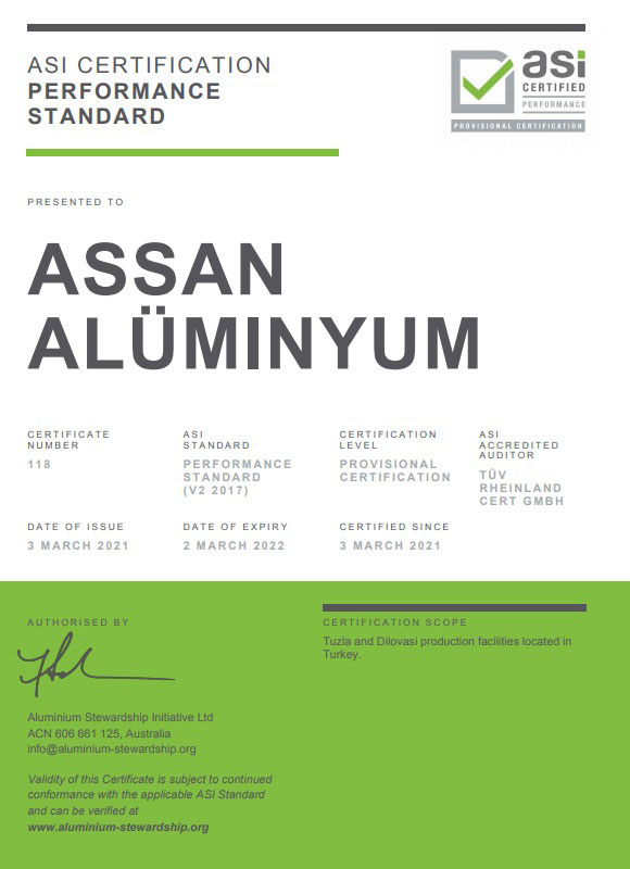 Assan Alüminyum ASI Sürdürülebilirlik Performans Standardı Sertifikası